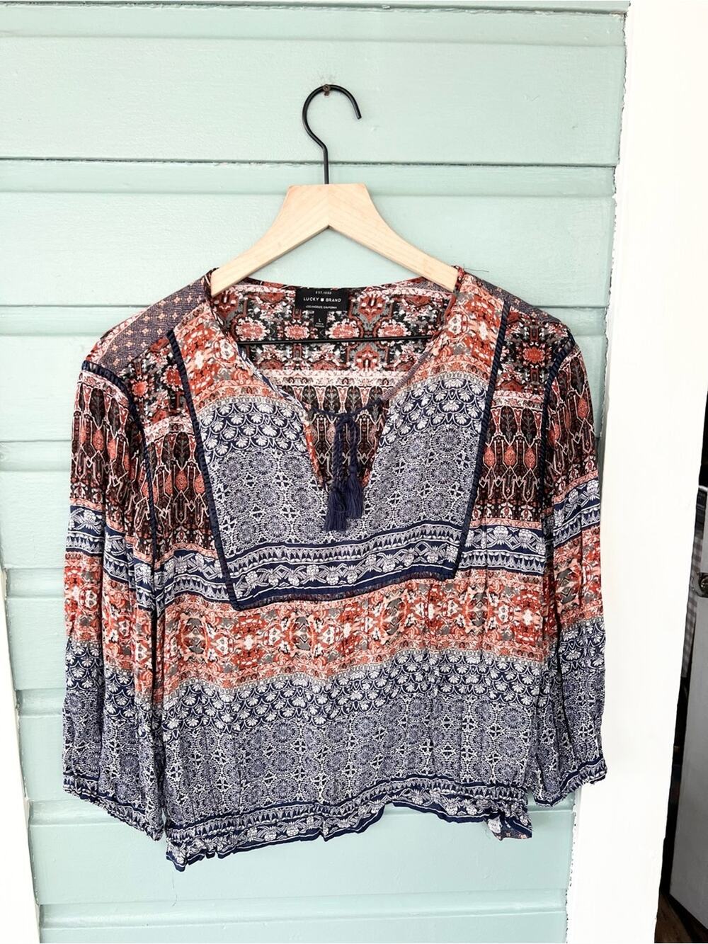 Lucky brand boho top blue orange size large